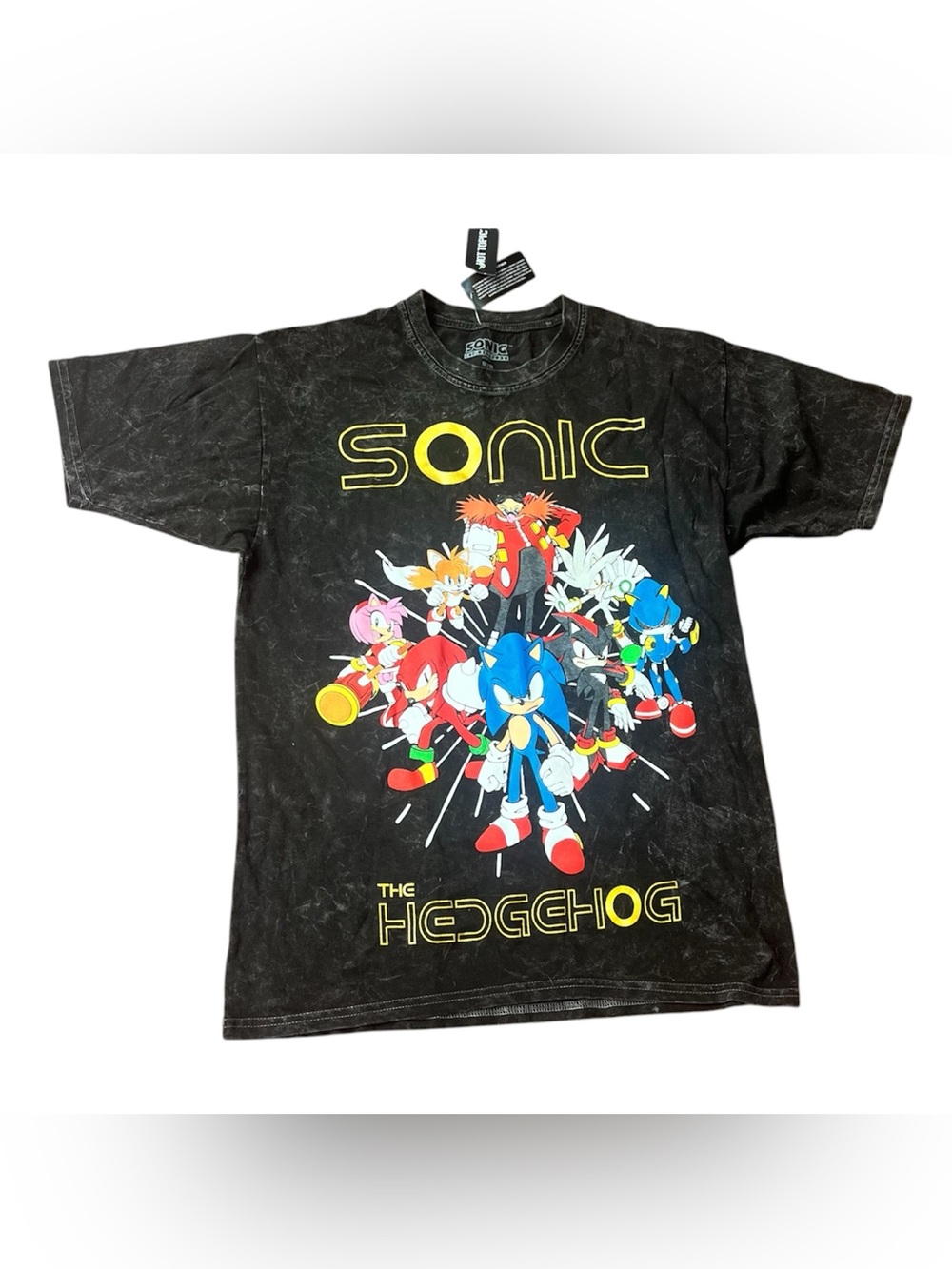 Sonic The Hedgehog Graphic T Shirt Black Acid Wash Characters Adult Size M